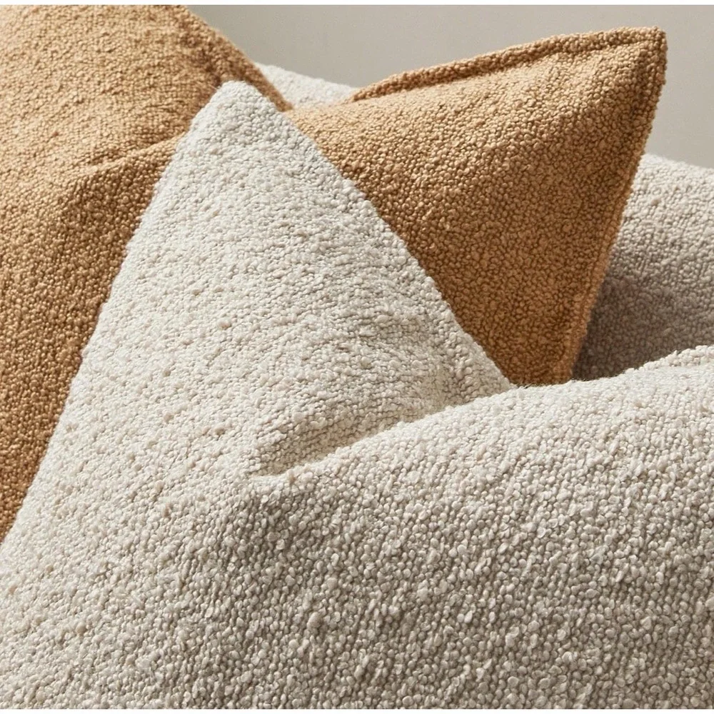 Boucle Throw Pillow Covers Set (2) Beige 26x26 Textured Cushion Hidden Zip NEW